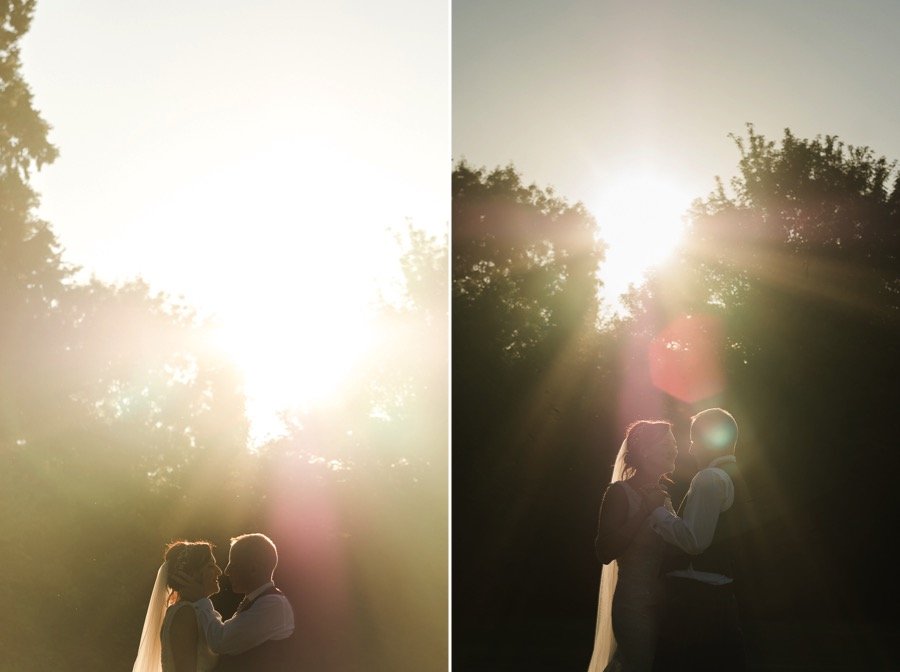 Bride and groom at sunset at osmaston park wedding venue in derbyshire