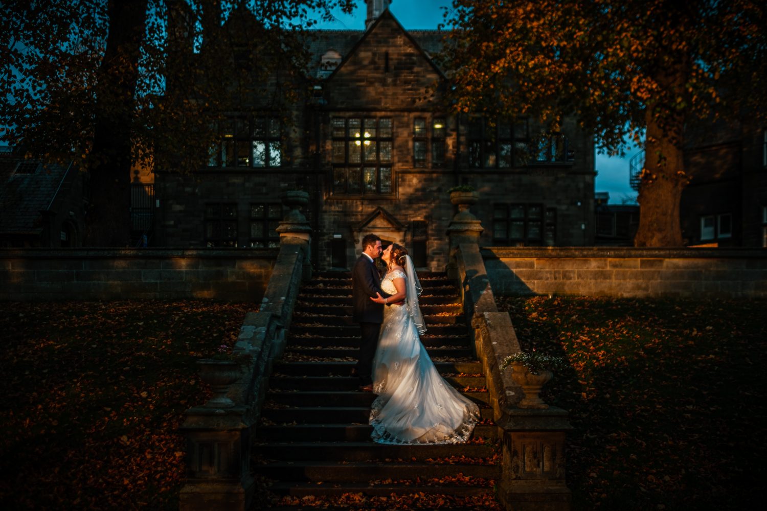 Whitworth centre at sunset wedding portrait
