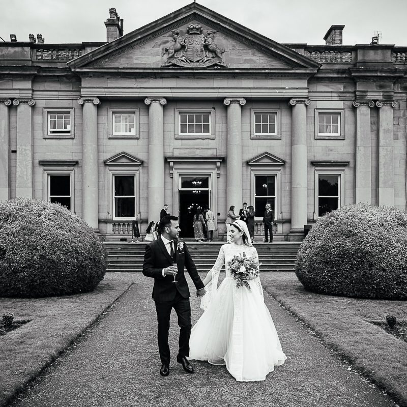 Bride and groom outside Wortley Hall Wedding Venue