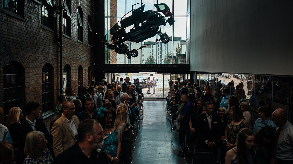 Best Derbyshire Wedding Venues 22 Bride and father walk down the aisle at Derby Museum of Making Wedding ceremony