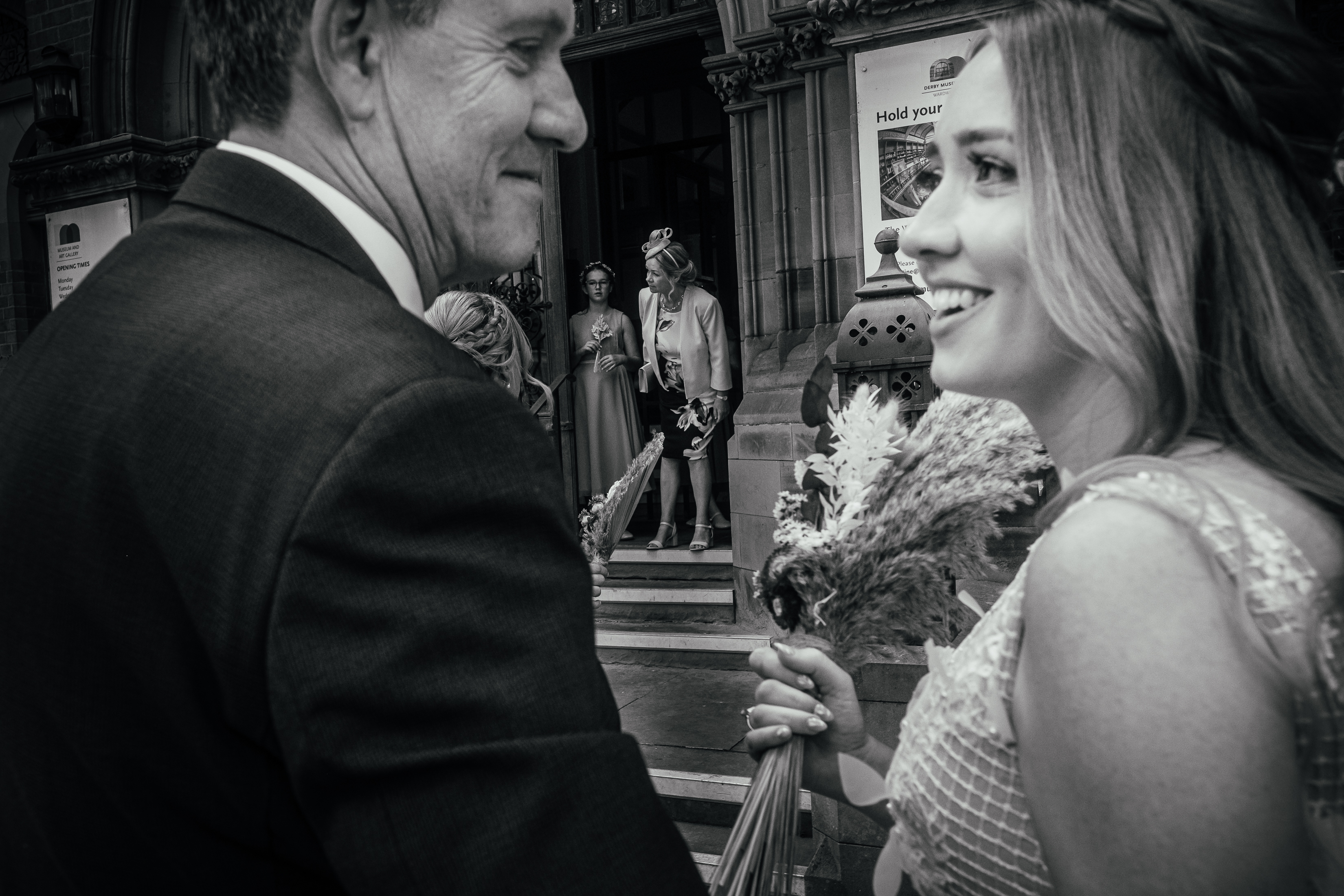 What Documentary Wedding Photography Is (And Isn’t) 3 Bride and Father Arrive At Derby Museum